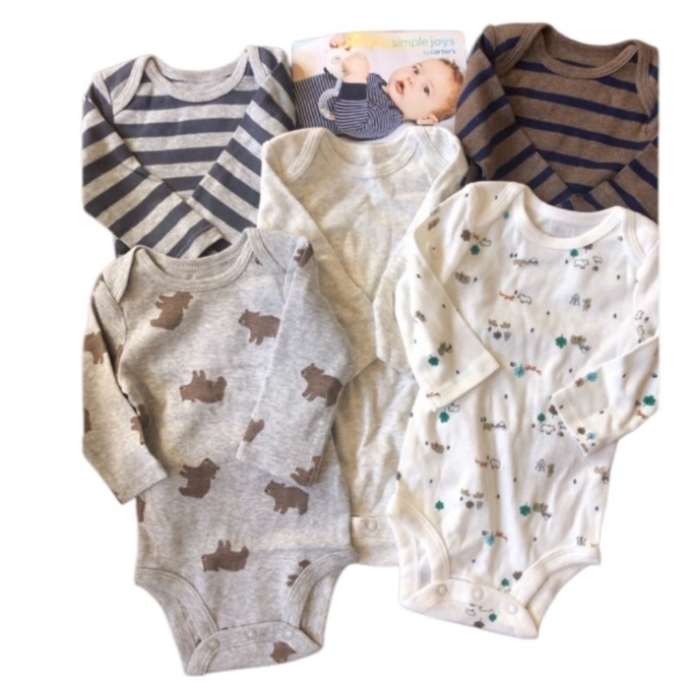 NWOT Simple Joys by Carters 5 pack long sleeve cotton onesies nature Sz 0 - 3 mo